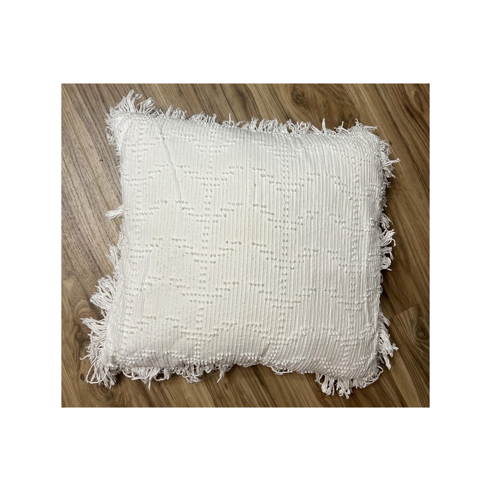 DKNY Throw Pillow 18x18 White Cotton Textured Fringe Decorative Boho Accent